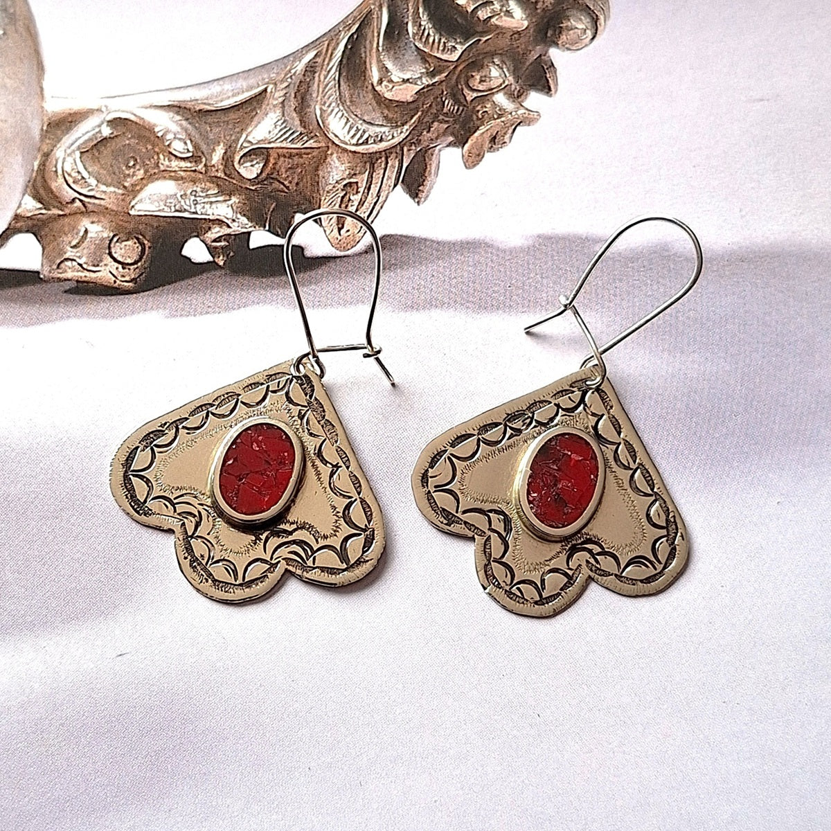 Aros jaspe rojo floral étnico alpaca