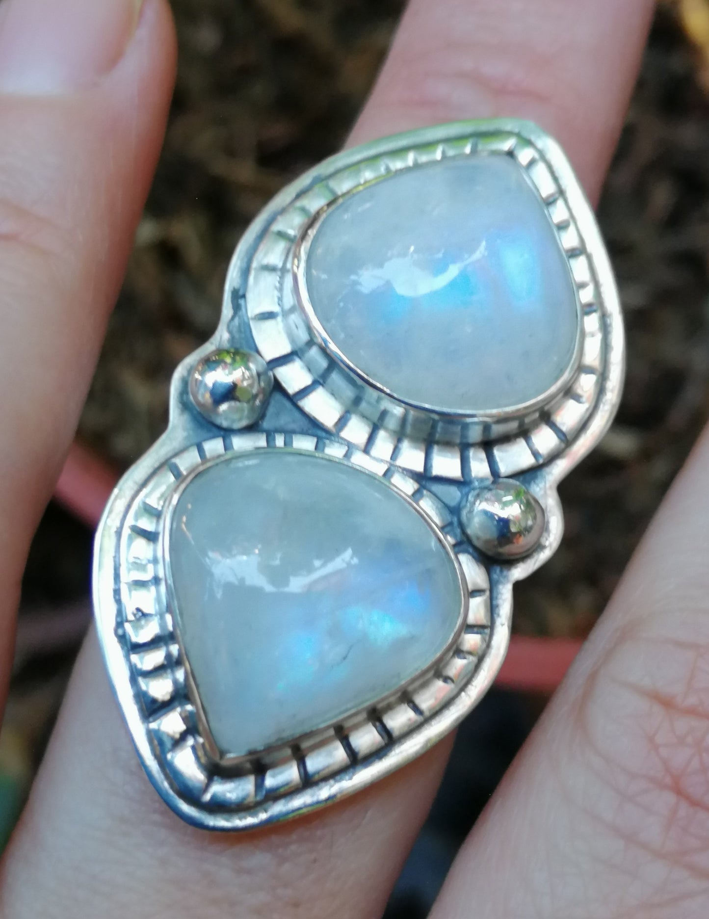 Anillo Piedra luna arcoiris doble XL