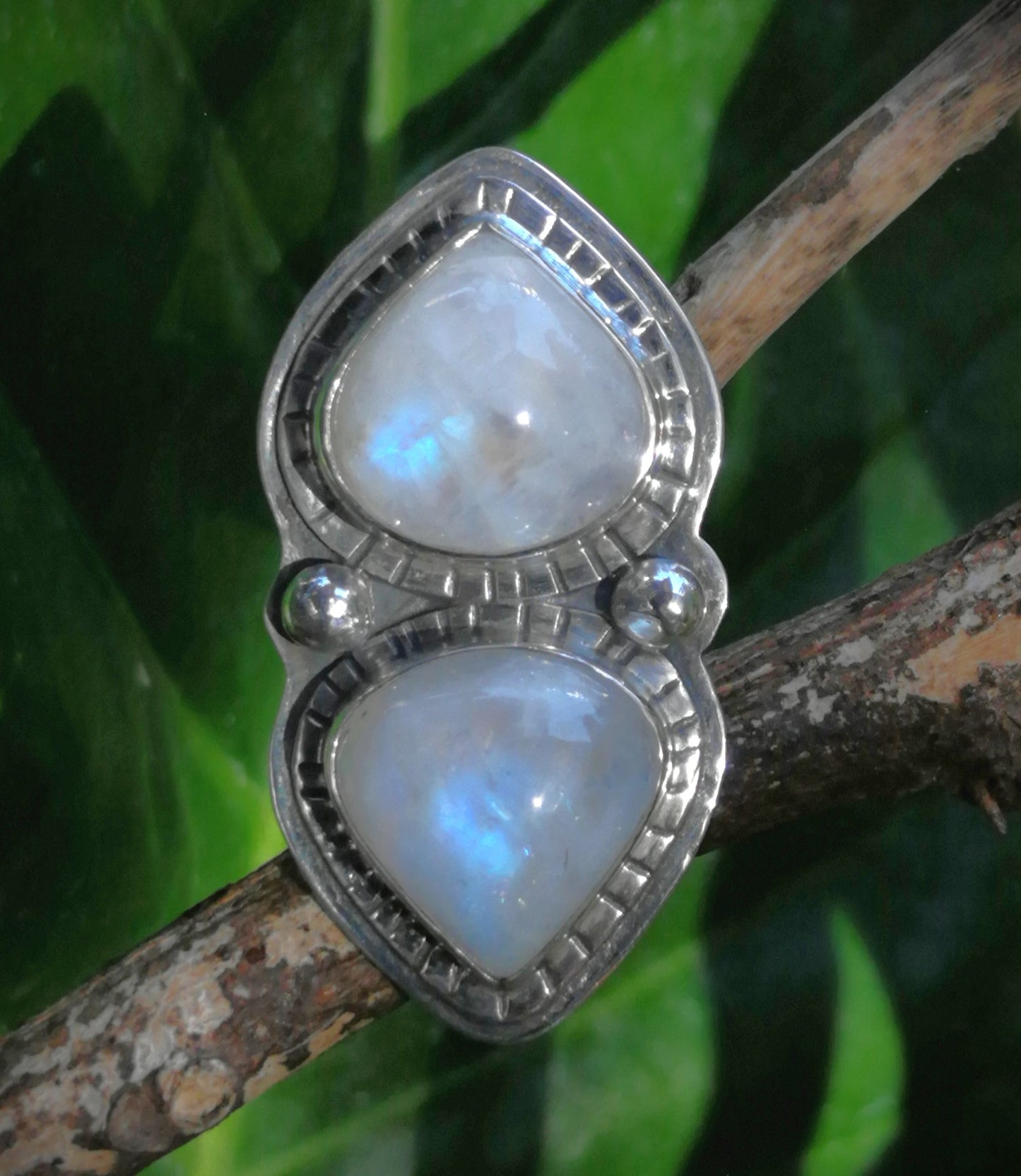 Anillo Piedra luna arcoiris doble XL
