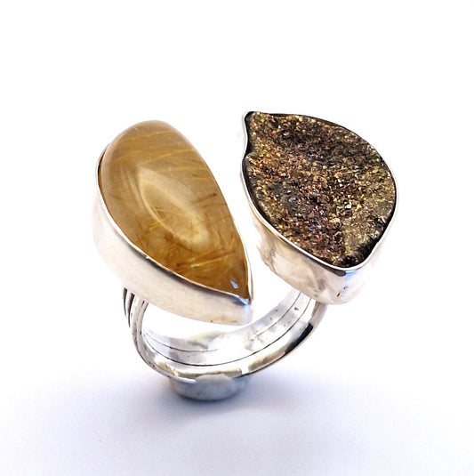 Anillo Cuarzo Rutilo dorado y Pirita abierto doble