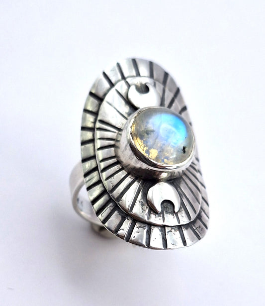 Anillo Piedra luna arcoíris lunas y líneas