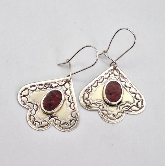 Aros jaspe rojo floral étnico alpaca