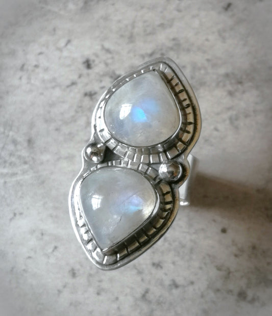Anillo Piedra luna arcoiris doble XL